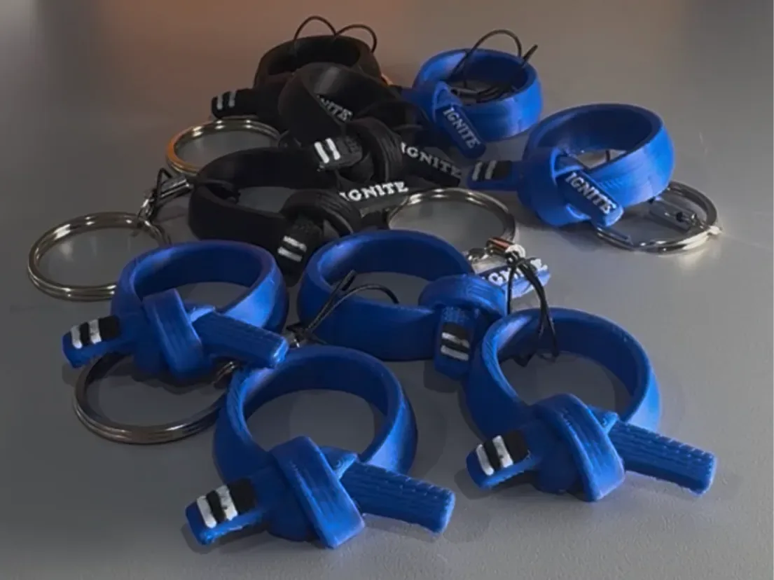 Vários chaveiros de faixa de jiu-jitsu enrolada, em azul e preto, com graus brancos e pretos e o nome da academia em relevo.