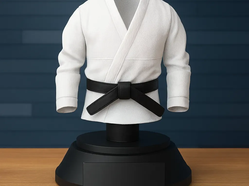 Troféu impresso em 3D em forma de kimono branco com faixa preta, montado sobre uma base preta redonda com uma placa lisa na frente.